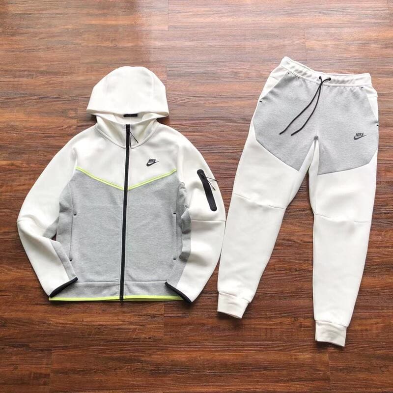 Conjunto Nike Tech Fleece Branca / Cinza / Neon